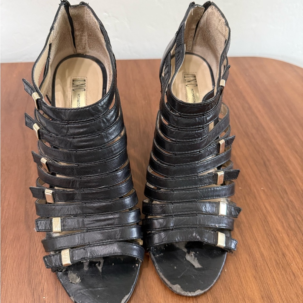 INC International Concepts Black Multi-Strap Peep-Toe Heels with Gold Accents